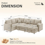 112'' Sectional Sleeper Sofa with Pull Out Bed, U Shaped 7 Seater Modular Sectional Sofa with Storage Chaise, Modern Sectional Sofas & Couches with 4 Pillows, Chenille Sofa Bed for Living Room, Camel