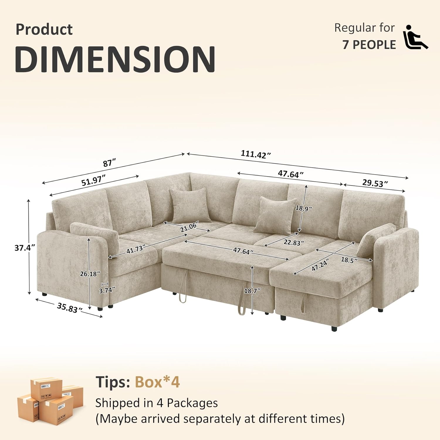 112'' Sectional Sleeper Sofa with Pull Out Bed, U Shaped 7 Seater Modular Sectional Sofa with Storage Chaise, Modern Sectional Sofas & Couches with 4 Pillows, Chenille Sofa Bed for Living Room, Camel