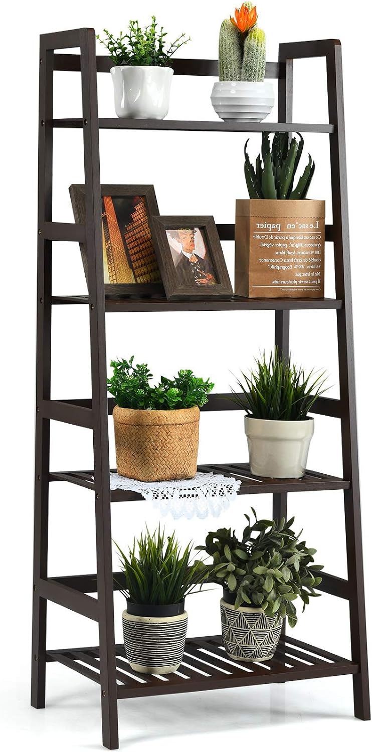Giantex 4-Tier Ladder Shelf, Multifunctional Ladder-Shaped Bookcase Storage Shelves, Bamboo Plant Stand Flower Pots Holder, Display Rack for Living Room Bathroom Bedroom Kitchen (Espresso)