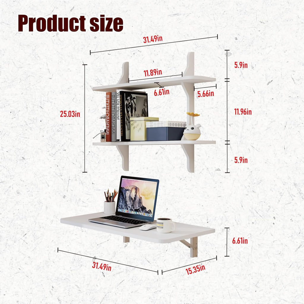 Pmnianhua Wall Mounted Folding Table, 31'' Floating Laptop Desk with Shelves, Foldable Drop Leaf Table, Wall Mount Fold Down Table for Laundry Room Kitchen Bar Home Office Small Space(White)