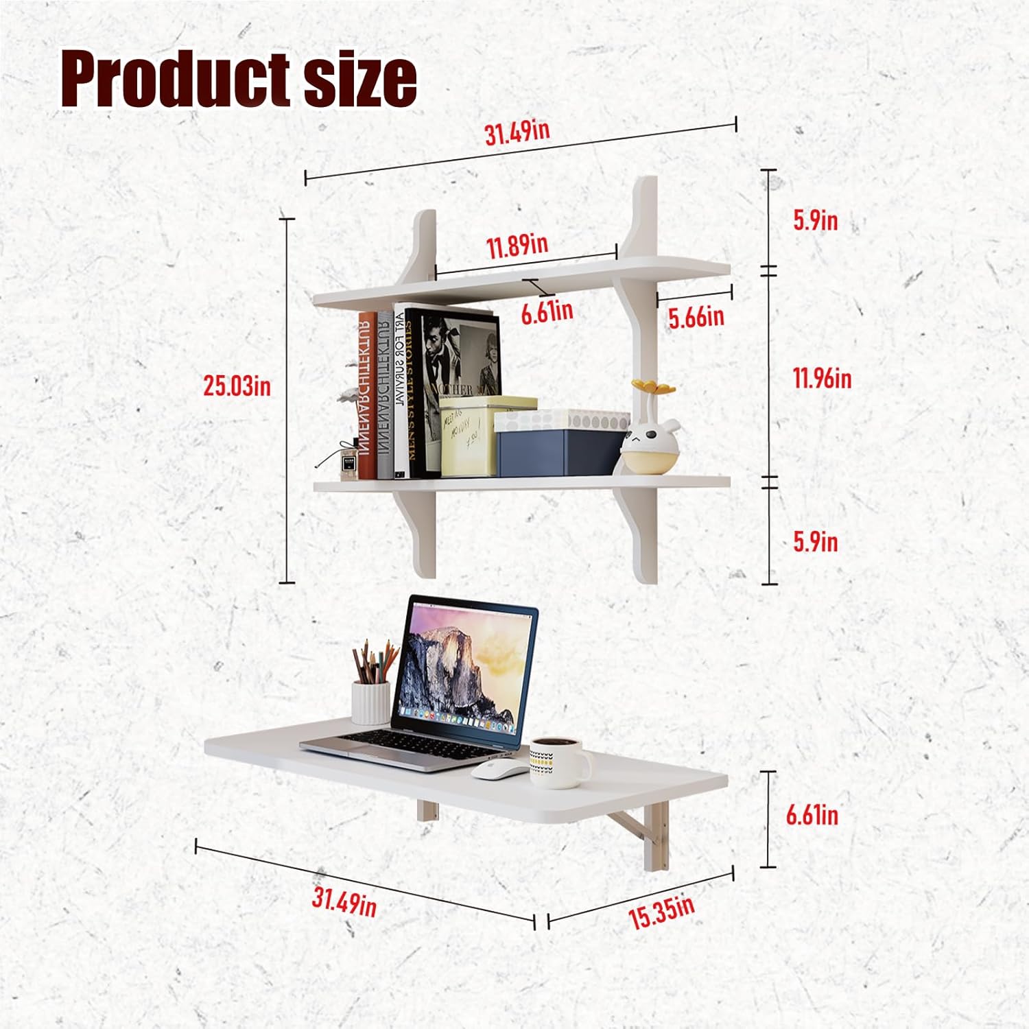 Pmnianhua Wall Mounted Folding Table, 31'' Floating Laptop Desk with Shelves, Foldable Drop Leaf Table, Wall Mount Fold Down Table for Laundry Room Kitchen Bar Home Office Small Space(White)