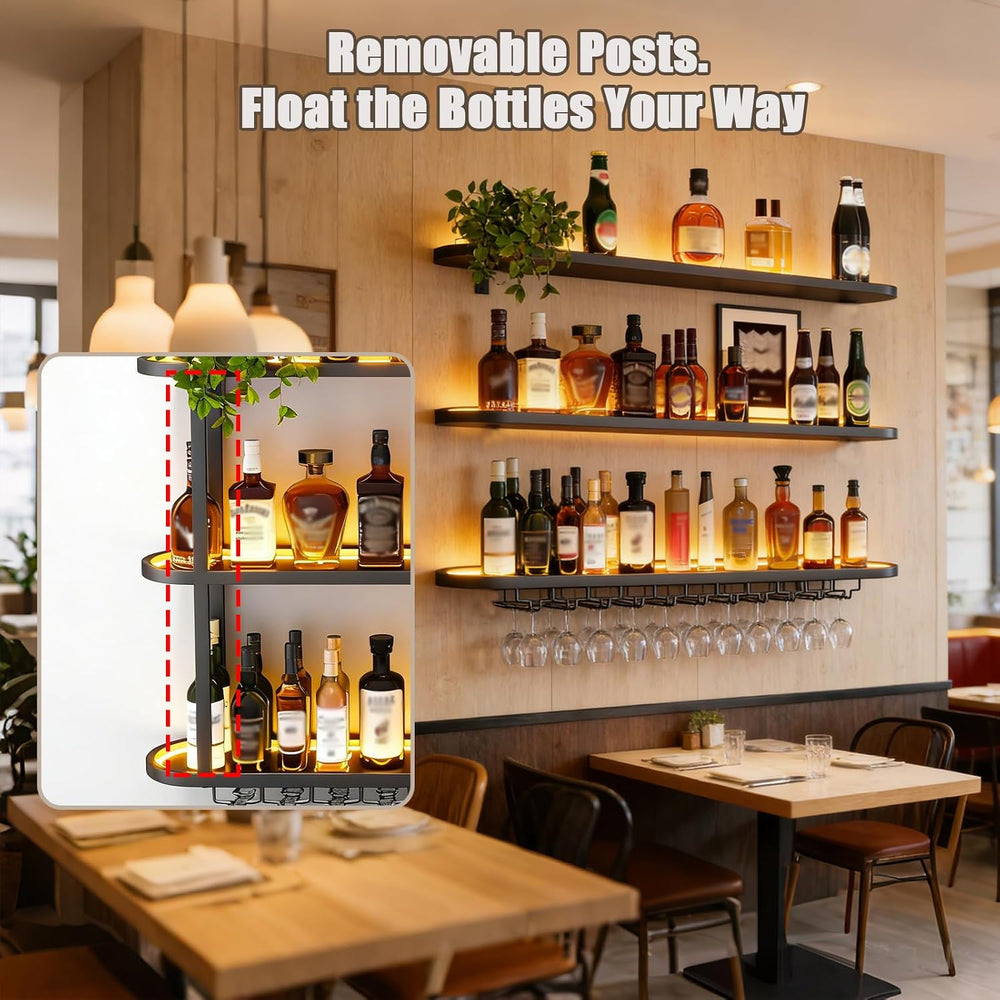 70.8in Wine Rack Wall Mounted - 360° Wrap-Around Curved LED Lights | 3-Tier F...