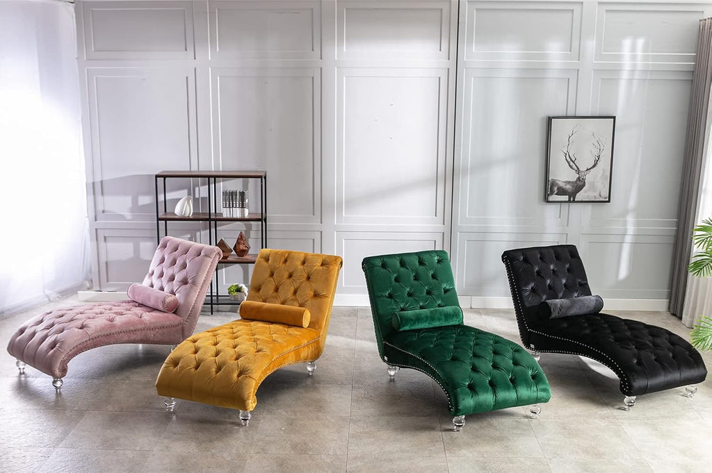 Velvet Chaise Lounge Chair with Toss Pillow, Modern Tufted Button Lounge Chair with Acrylic Legs, Upholstered Indoor Sleeper Chair for Living Room, Bedroom, Emerald Green