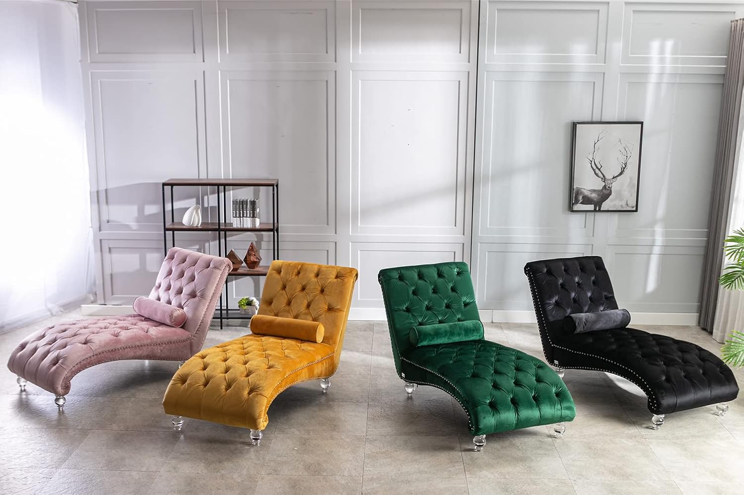 Velvet Chaise Lounge Chair with Toss Pillow, Modern Tufted Button Lounge Chair with Acrylic Legs, Upholstered Indoor Sleeper Chair for Living Room, Bedroom, Emerald Green