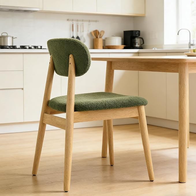 Wooden Dining Chairs Set of 4, Farmhouse Boucle Upholstered Kitchen Chairs, Green