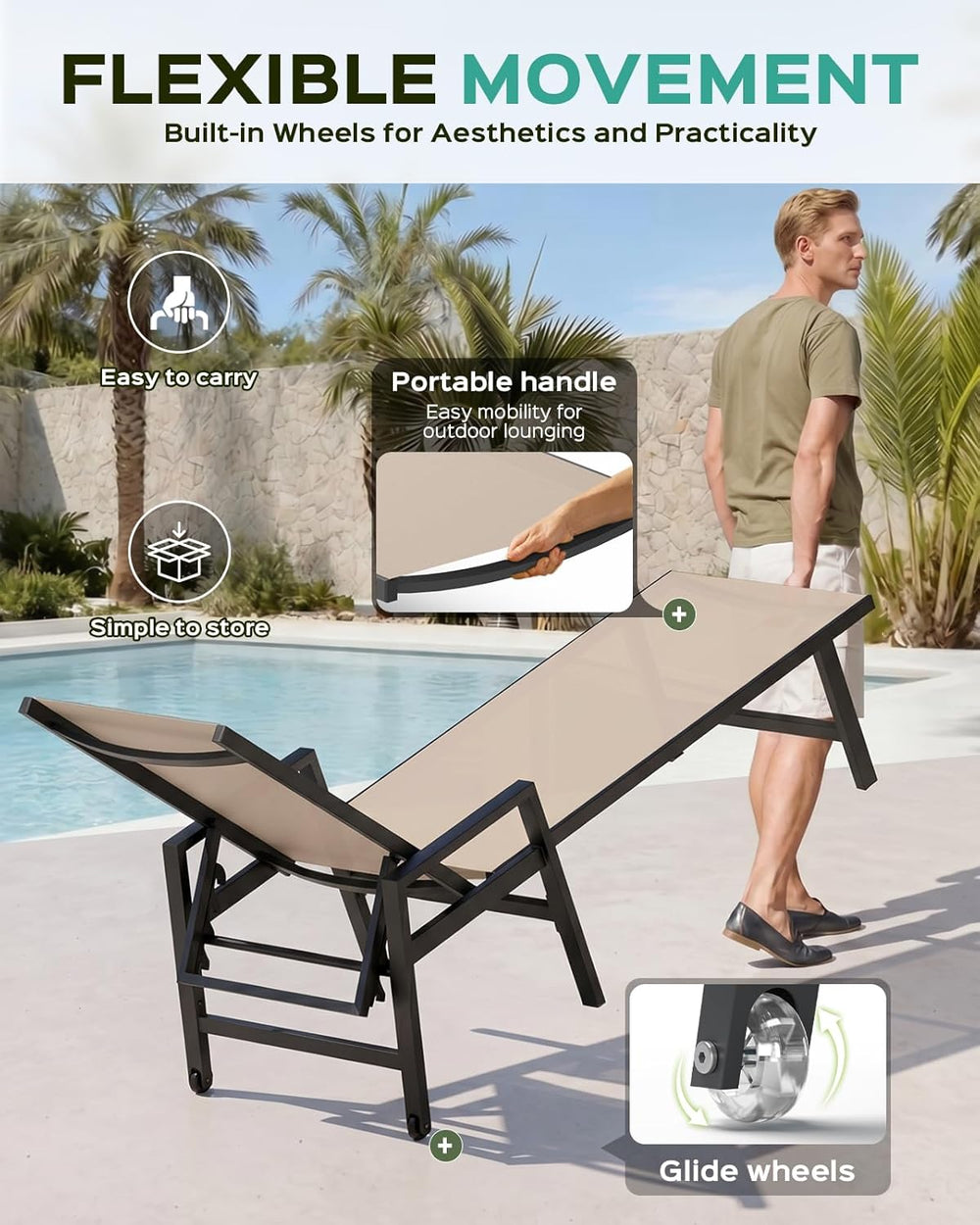 Vexwalx Patio Chaise Lounge Chair Outdoor with Wheels&Armrests, Aluminum ...