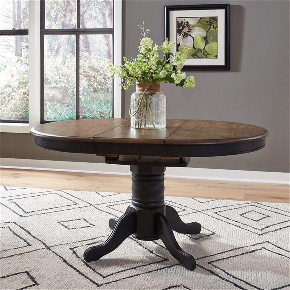 Bowery Hill Farmhouse Wood Crossing Pedestal Dining Table Set, Black Base wit...