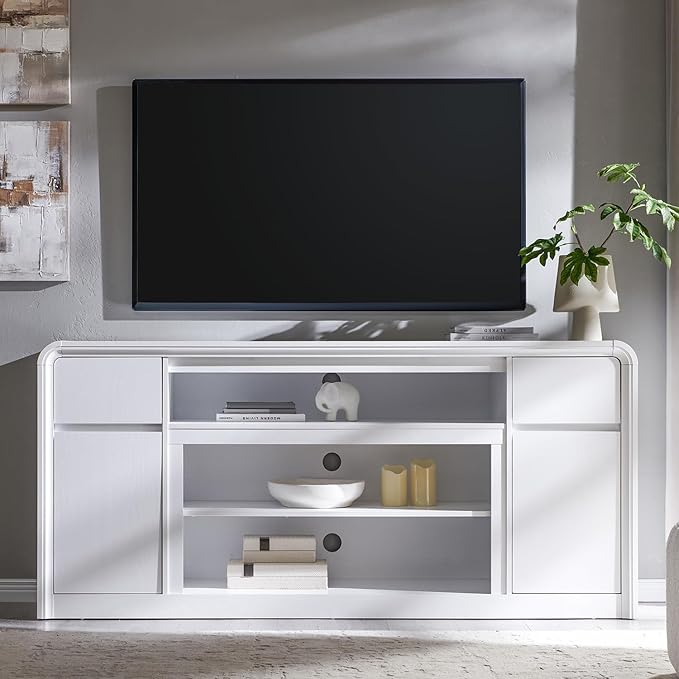 Modern TV Stand for 80 Inch TVs, 32"Tall Entertainment Center w/Storage Cabinet& drawers, Media Console Cabinet w/Soundbar & Adjustable Shelves for Living Room, Curved Profile Design, 70 inch (White)