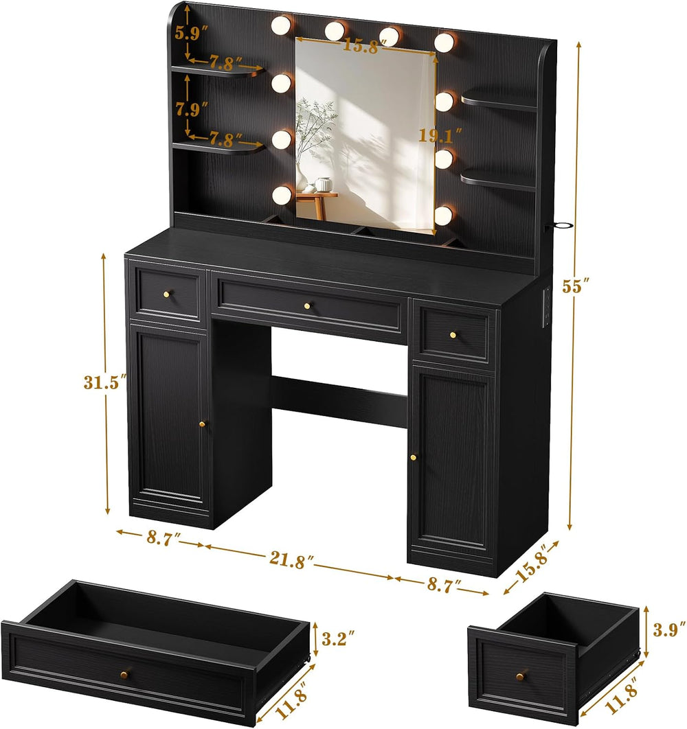 Large Makeup Vanity Desk with Mirror and Lights & Charging Station, Black...