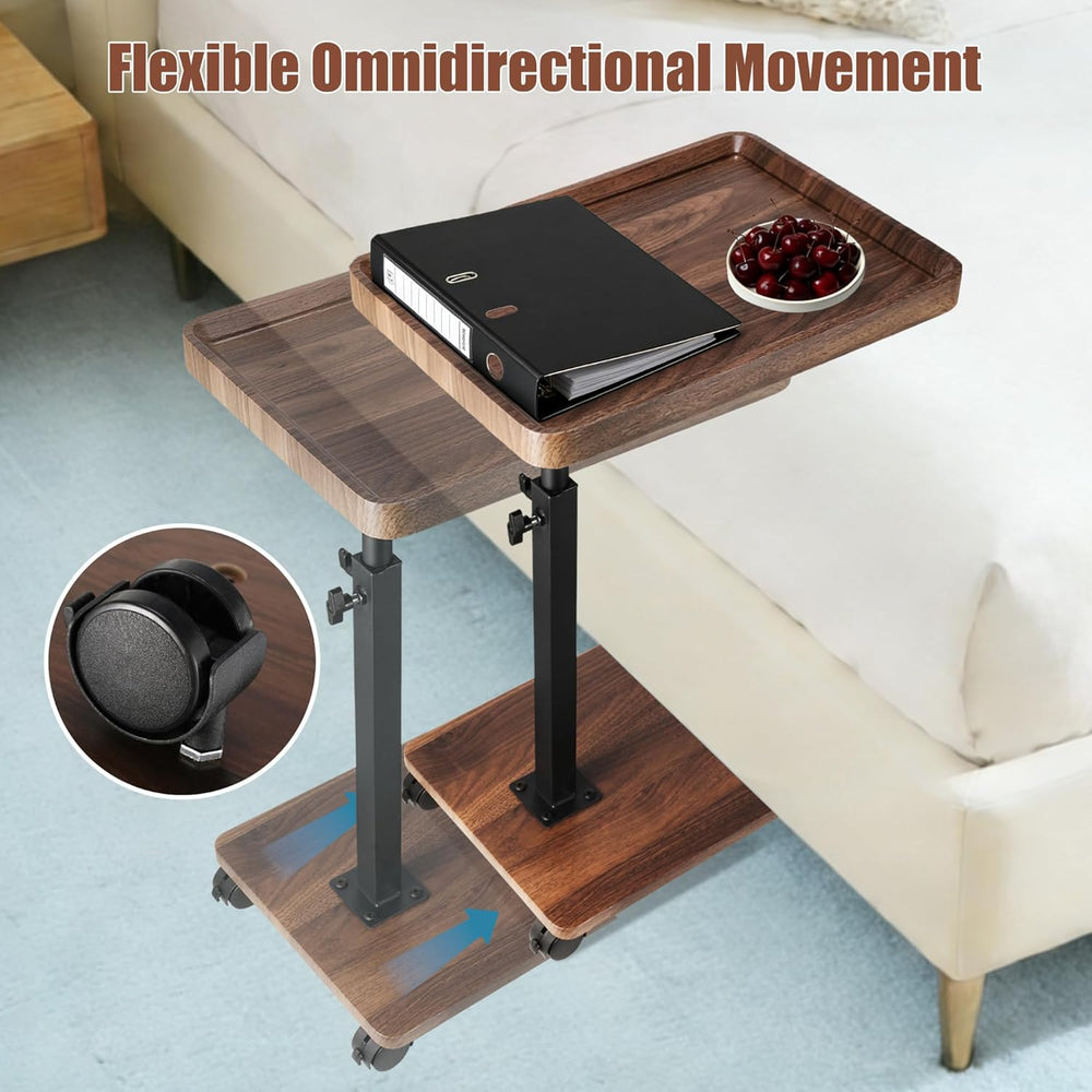 C Shaped End Table for Couch, Adjustable Height C Shaped Side Table with Whee...