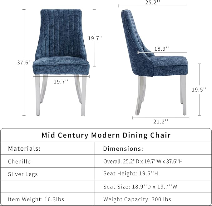 Navy Mid Century Dining Chairs Set of 2, Modern Kitchen & Dining Room Chairs Set of 2, Chenille Fabric Upholstered Kitchen Chairs, Sillas de Comedor, Silver Legs (Blue, 2 Pcs)