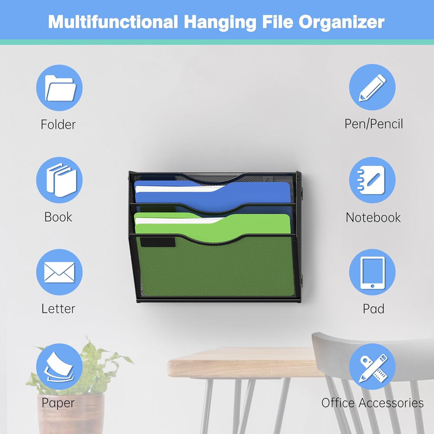 Kuntine.B Wall File Organizer Office Hanging Magazine Holder Wall File Organizer for Office Home (Black, 3 Tier & Hangers)
