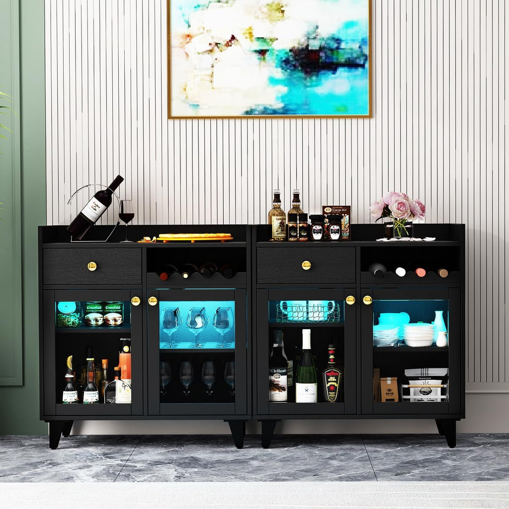 COCO DESIGN Small Bar Cabinet, Black Modern Liquor Wine Cabinet with Storage with Led Light for Home, Farmhouse Buffet Coffee Sideboard with Glass Door & Wavy Wine Rack for Kitchen