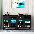 COCO DESIGN Small Bar Cabinet, Black Modern Liquor Wine Cabinet with Storage with Led Light for Home, Farmhouse Buffet Coffee Sideboard with Glass Door & Wavy Wine Rack for Kitchen