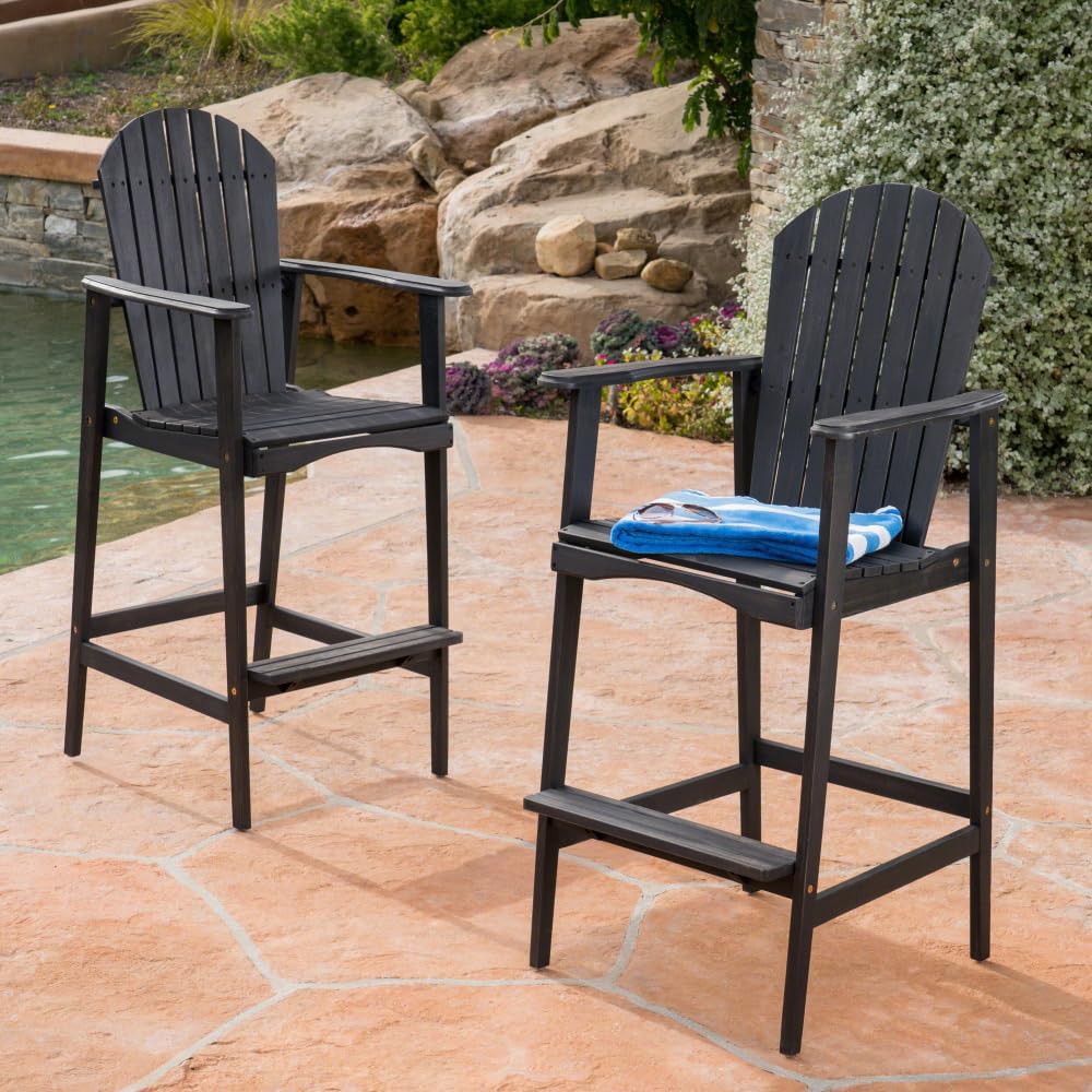 Saiveina Outdoor Acacia Wood Adirondack Barstools, Set of 2, Dark Gray