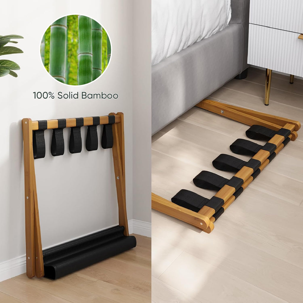 Smart FENDEE Luggage Rack, Folding Luggage Rack for Guest Room, Walnut Bamboo Suitcase Stand Holds up to 131 lb, Luggage Stand with Storage Shelf for Hotel, Bedroom (1 Pack)