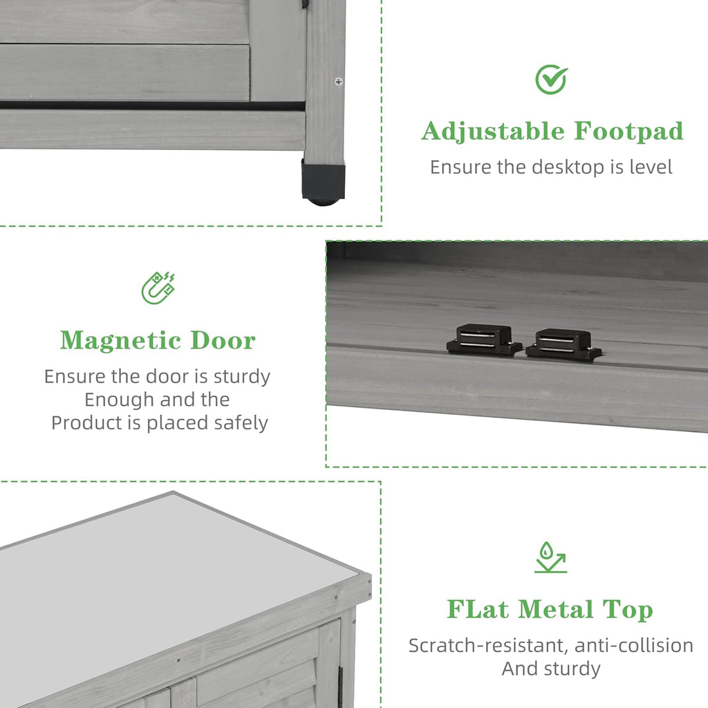 Outdoor Potting Bench with Storage Cabinet and Metal Top, Wood Workstation for Outdoor Patio, Garden (Light Grey, 31x17x36‘’)