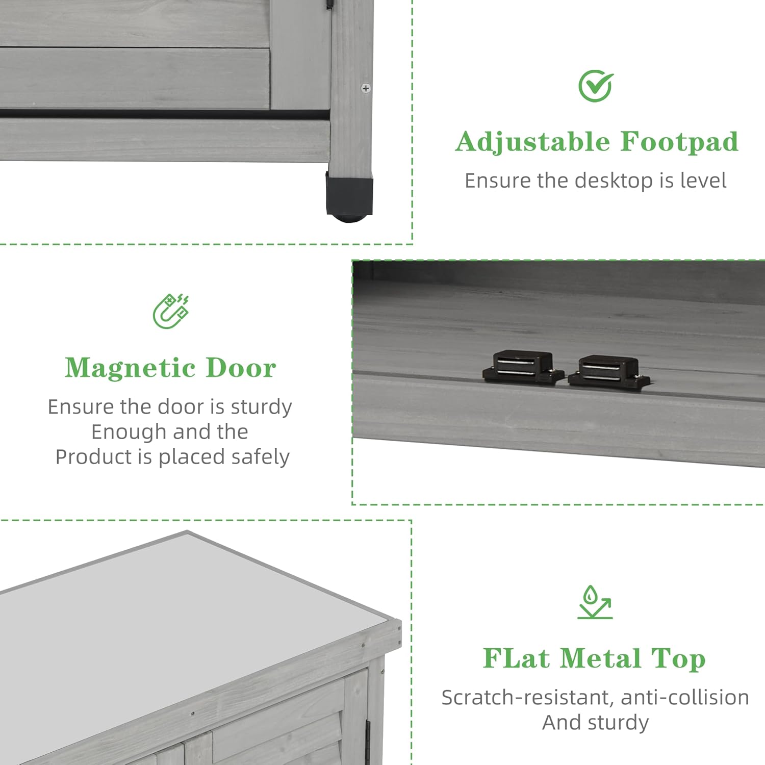 Outdoor Potting Bench with Storage Cabinet and Metal Top, Wood Workstation for Outdoor Patio, Garden (Light Grey, 31x17x36‘’)