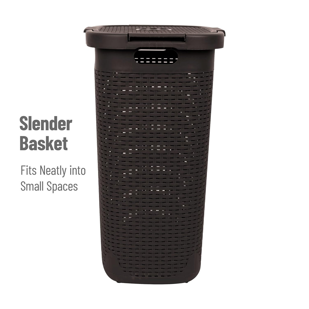Mind Reader Slim Laundry Hamper with Lid, 60L Clothes Basket, Premium Wicker Design, Plastic, Brown