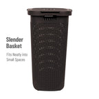Mind Reader Slim Laundry Hamper with Lid, 60L Clothes Basket, Premium Wicker Design, Plastic, Brown