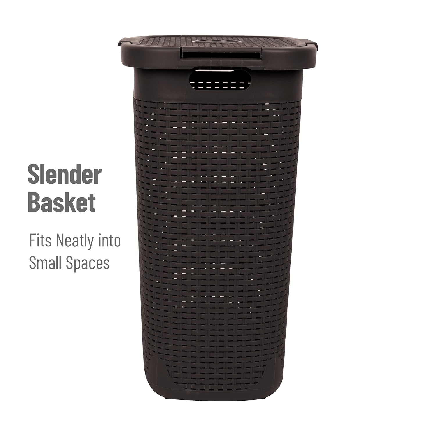 Mind Reader Slim Laundry Hamper with Lid, 60L Clothes Basket, Premium Wicker Design, Plastic, Brown