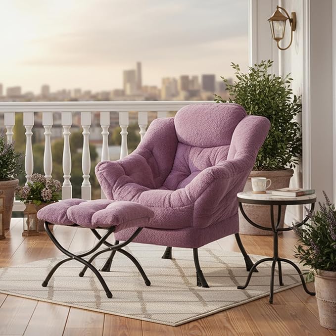 Tiita Lazy Chair with Ottoman, Modern Large Accent Lounge Armchair, Comfy Leisure Sofa Reading Chair with Footrest for Bedroom, Living Room, Dorm Rooms, Garden and Courtyard, Plush Purple