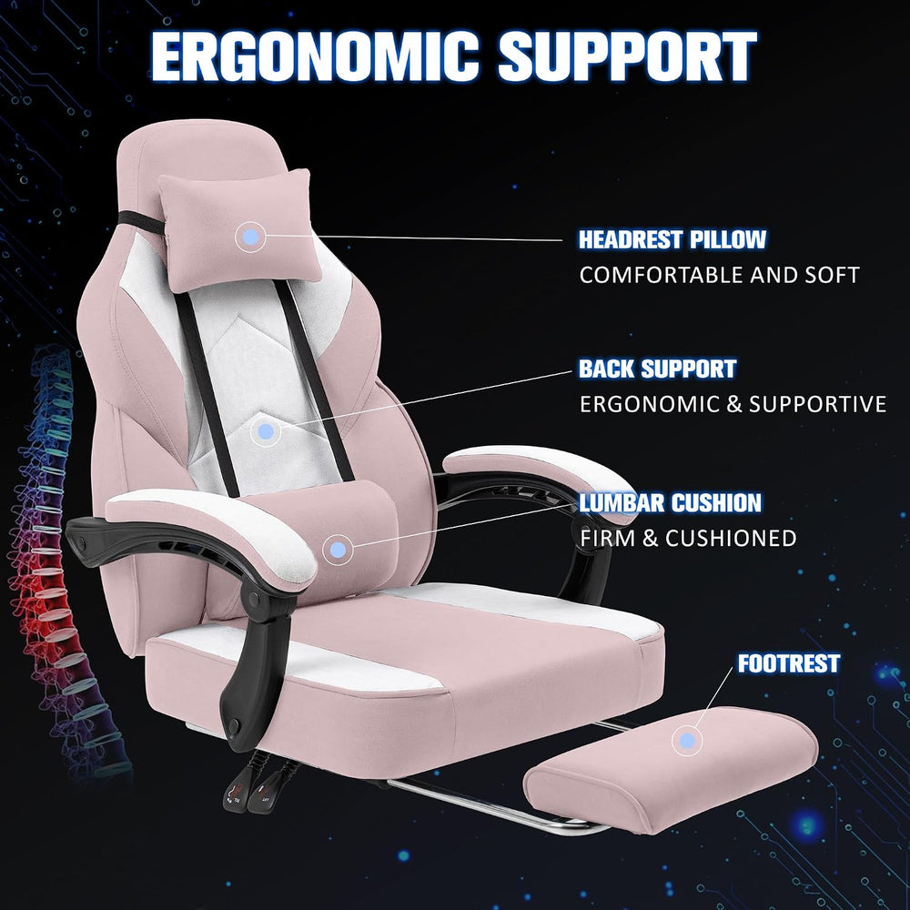 Gaming Chair for Adults with Massage Lumbar Suppor, Fabric Pink | Footrest