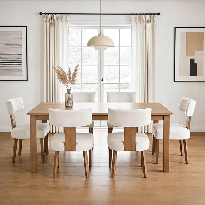 Modern Dining Chairs Set of 6, Upholstered Kitchen Chair with Curved Back, Farmhouse Linen Fabric Dining Room Chairs Modern Wood Chairs for Living Room/Home Office/Reception, Beige
