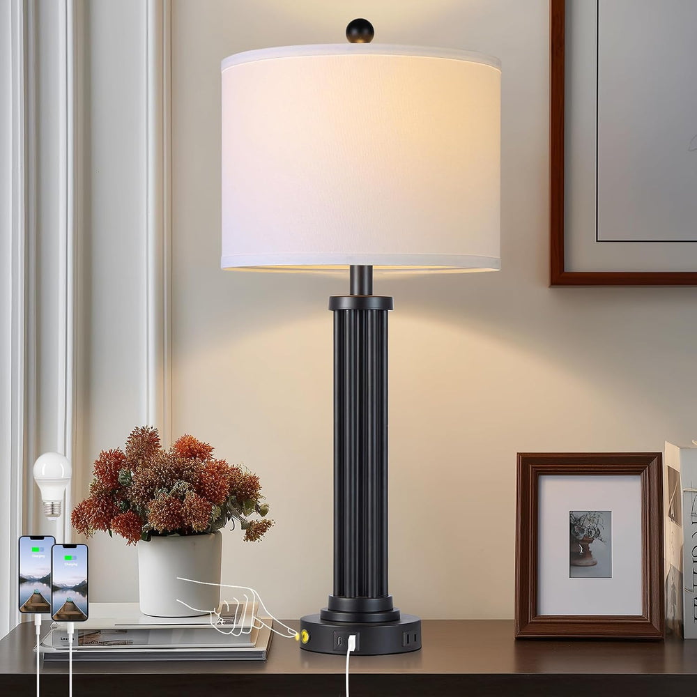 28" Tall Modern Table Lamps with USB C+A Ports and AC Outlet, 3 Way Touc...