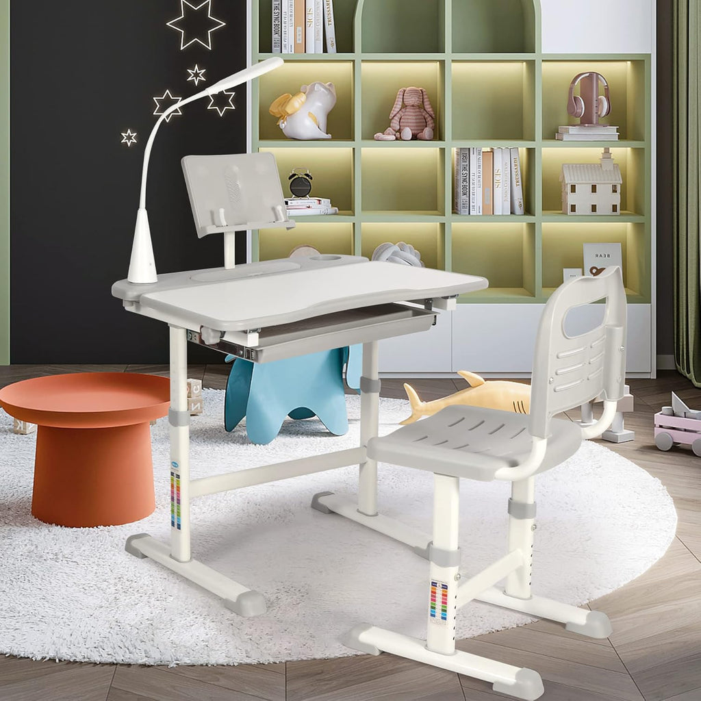 Kids Desk and Chair Set,Height Adjustable Childrens Homeschool Study Table with Storage Drawer, LED Light,Cup Holder,Bookstand, for 3-15 Years Boy and Girl, Grey