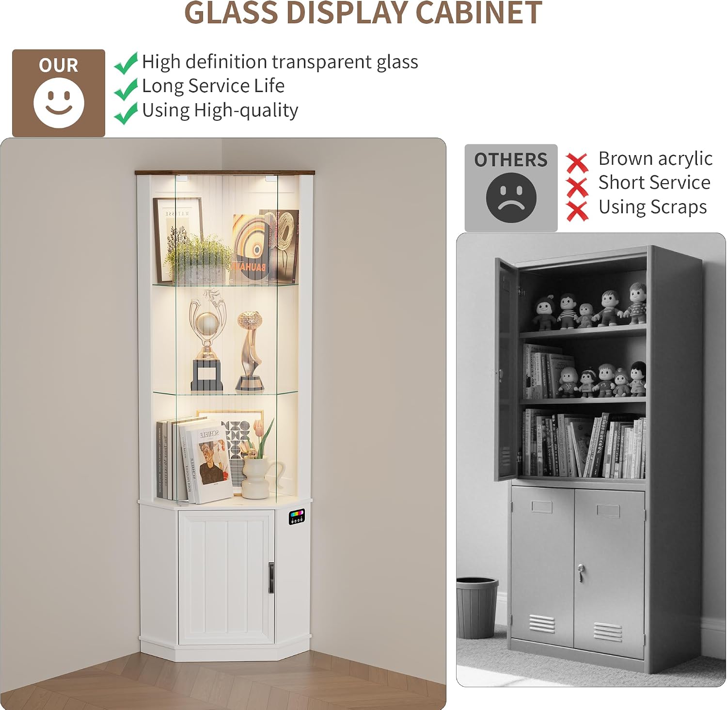 69" Corner Glass Display Cabinet with RGB Lights for Living Room, White | Curio Display with 3-Tier Movable Glass Shelves and Human Body Sensor,Display Cabinet for Toys,Books,Collectibles,Liquor