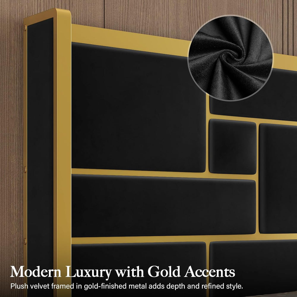 Queen Bed Frame with 55.12" Tall Headboard, Black and Gold