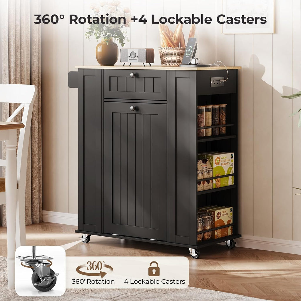 35" Kitchen Island with Trash Cabinet, Portable Rolling Cart with Power Outlet, Storage Drawer, 6-Tier Spice Rack, 4 Locking Casters for Kitchen Dining Living Room, Black