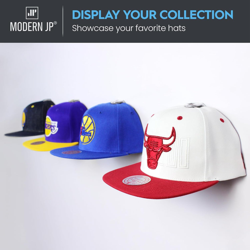 Modern JP Adhesive Hat Hooks for Wall (8-Pack) - Hat Rack for Baseball Caps, Minimalist Hat Display, Strong Hold Hat Hangers for Wall - USA Patented, White