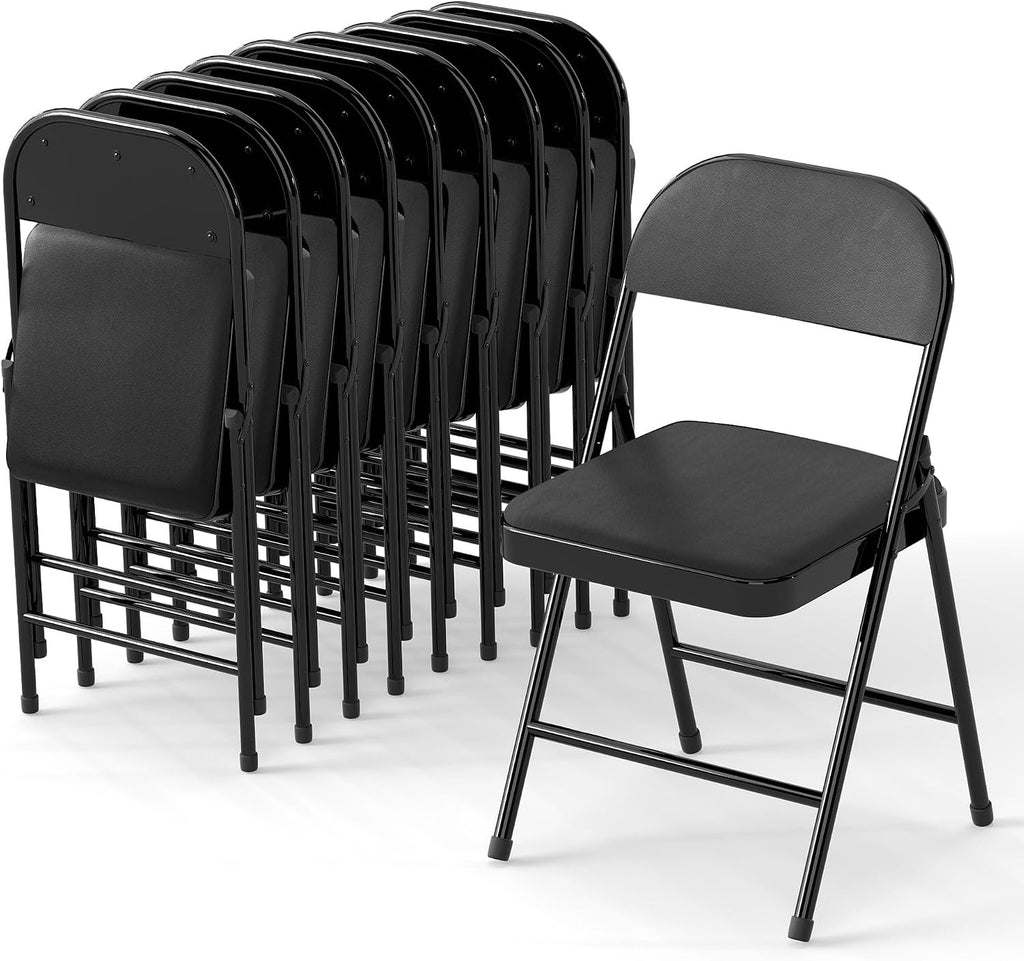 10 Pack Leather Padded Folding Chair, Metal Frame with Pu Leather Seat & Back, 650 LB Capacity Pu Leather Folding Chair with Comfortable Cushion for Events Home Office Black