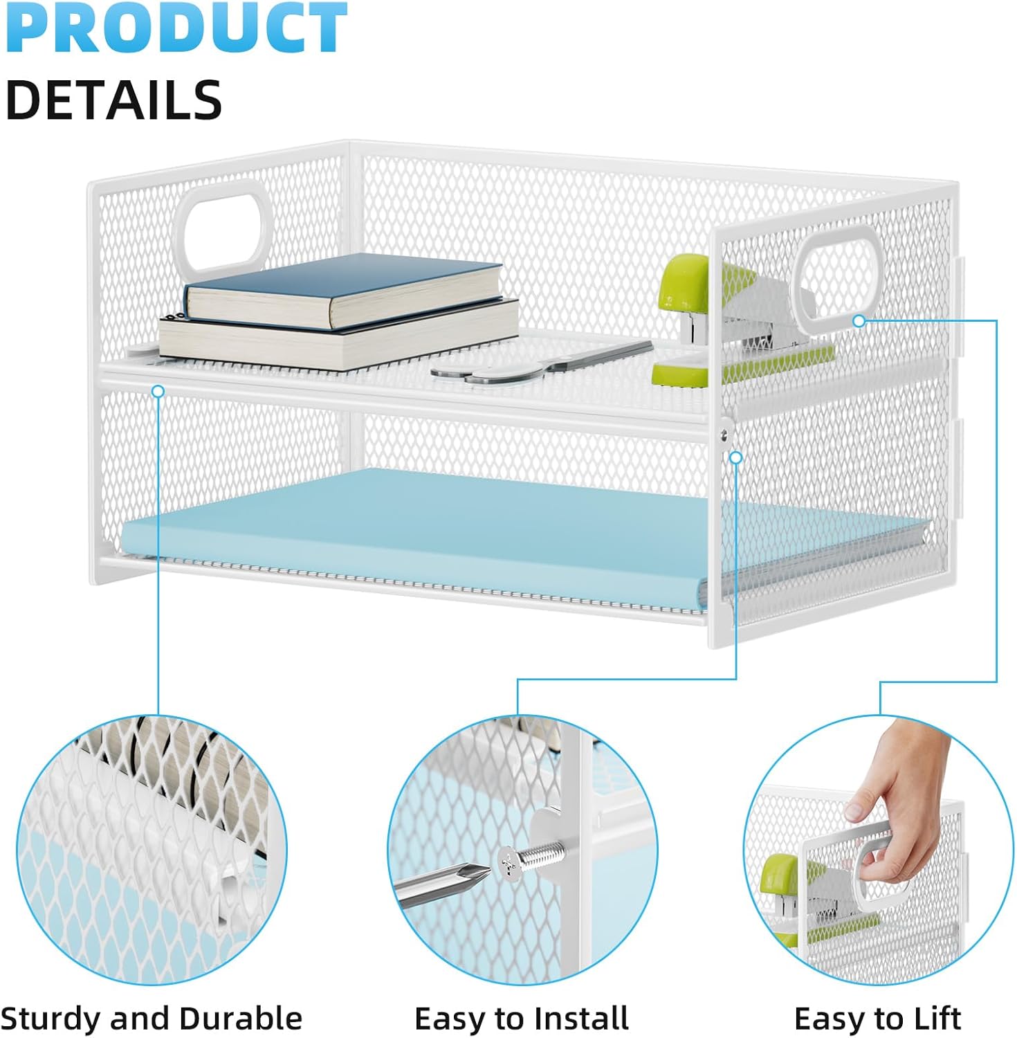 Marbrasse 2 Tier Paper Organizer Letter Tray, Mesh File Organizer with Handle, Paper Sorter Desk Organizer for Home Office Supplies - White