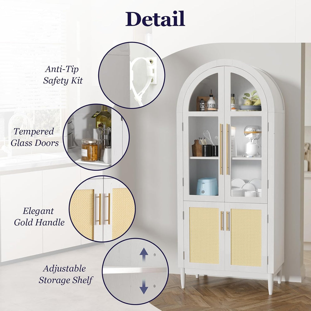 71" Tall Arched Cabinet with Glass Doors, Kitchen Pantry Storage Cabinet...