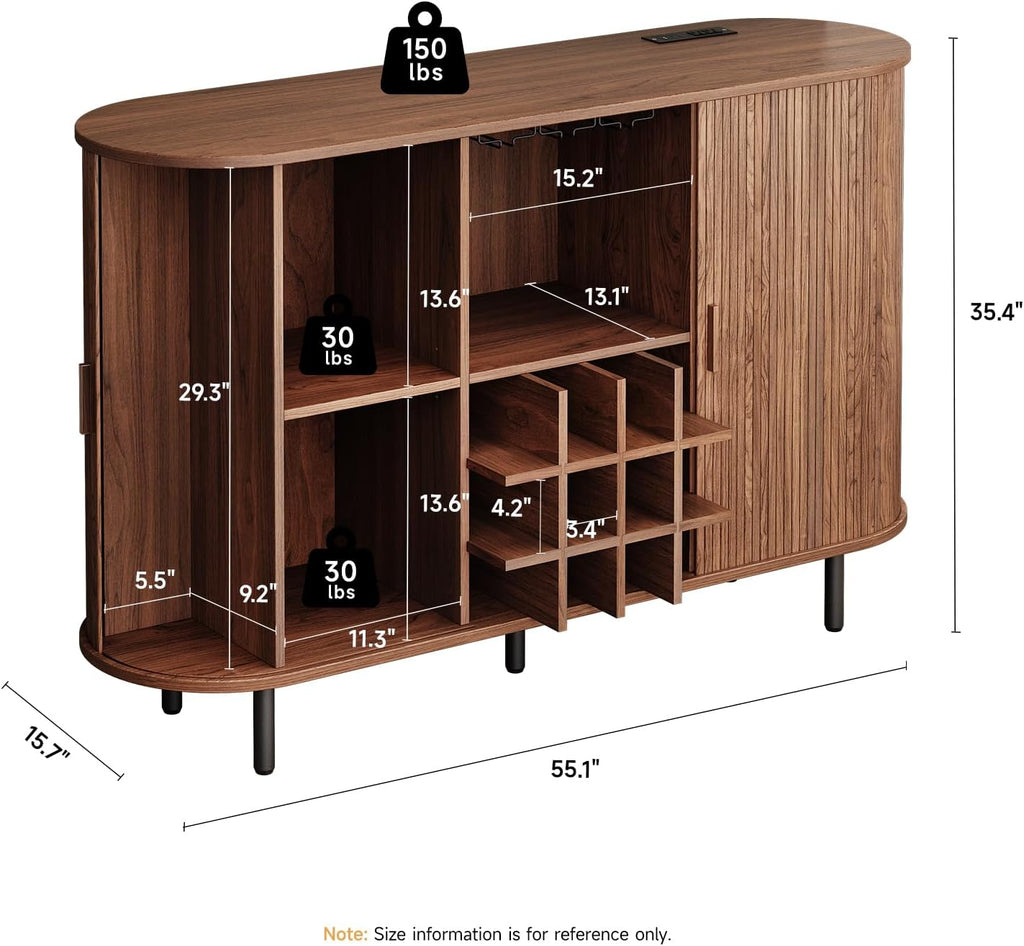 ONBRILL 55" Wine Bar Cabinet with LED Light, Modern Fluted Liquor Whiskey Home Bar with Wine Rack and Glass Holder, Farmhouse Buffet Sideboard with Storage for Living Room, Kitchen, Entryway (Walnut)