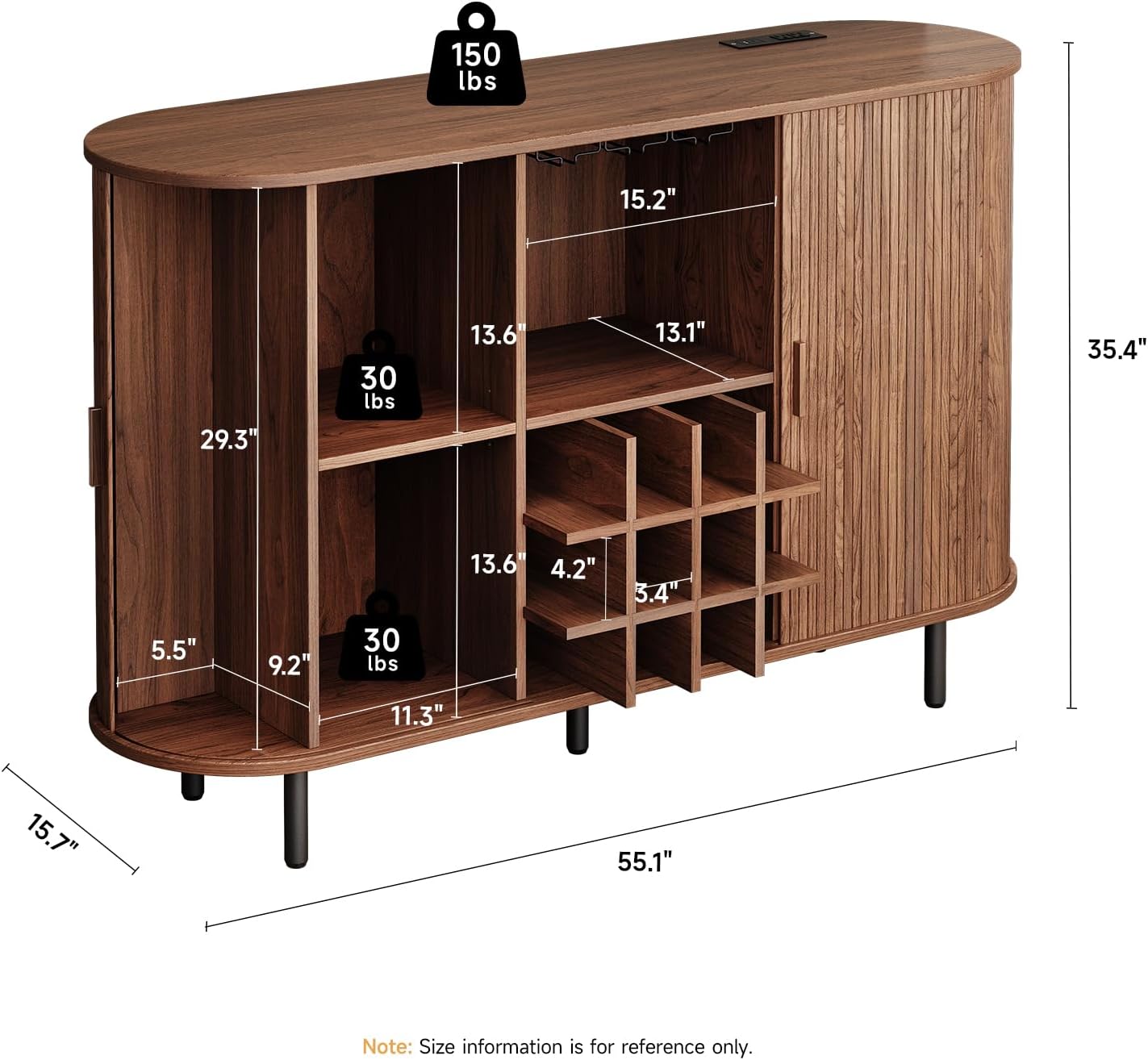 ONBRILL 55" Wine Bar Cabinet with LED Light, Modern Fluted Liquor Whiskey Home Bar with Wine Rack and Glass Holder, Farmhouse Buffet Sideboard with Storage for Living Room, Kitchen, Entryway (Walnut)