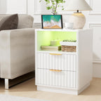 VOWNER Fluted Nightstand with Charging Station, 18” Night Stand with 2 Drawers, Faux Marble Top End Table with Storage Shelf, Curved Profile Side Table, Bedside Table for Bedroom Living Room, White