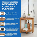 EcoDecors Fully Assembled SnazzyCorner® 18" Teak Shower Bench, Corner Shower Stool, w Shelf in Earthy Teak Finish, Compact Fit for Small Bathrooms & Walk-in Showers – Slip-Resistant Feet, Sauna Bench