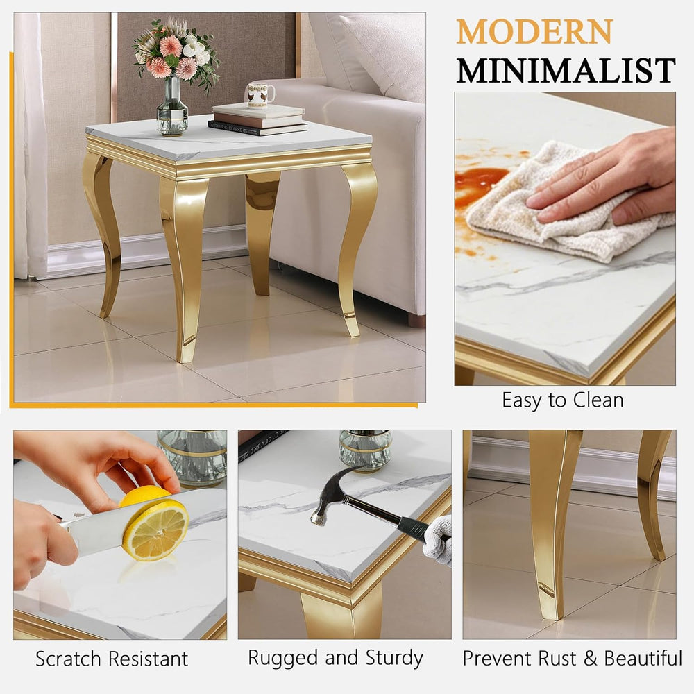 Luxury Marble Side Table, Square End Table with Faux Marble Tabletop & Go...