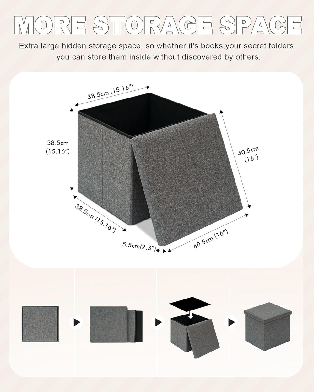 B FSOBEIIALEO Storage Ottoman with Tray, Linen Small Coffee Table Folding Foo...