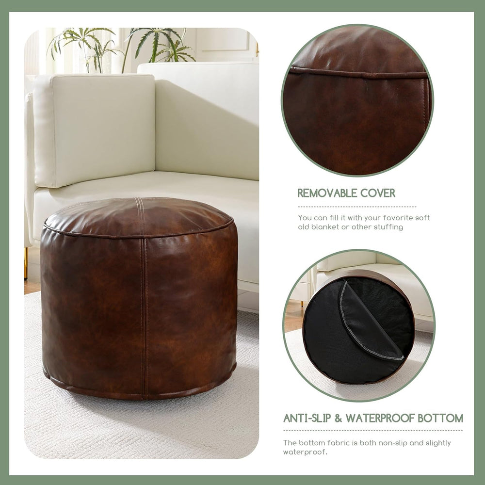 HIGOGOGO Round Stuffed Pouf Ottoman, Pu Leather Poufs with Foam Chunk Filling...