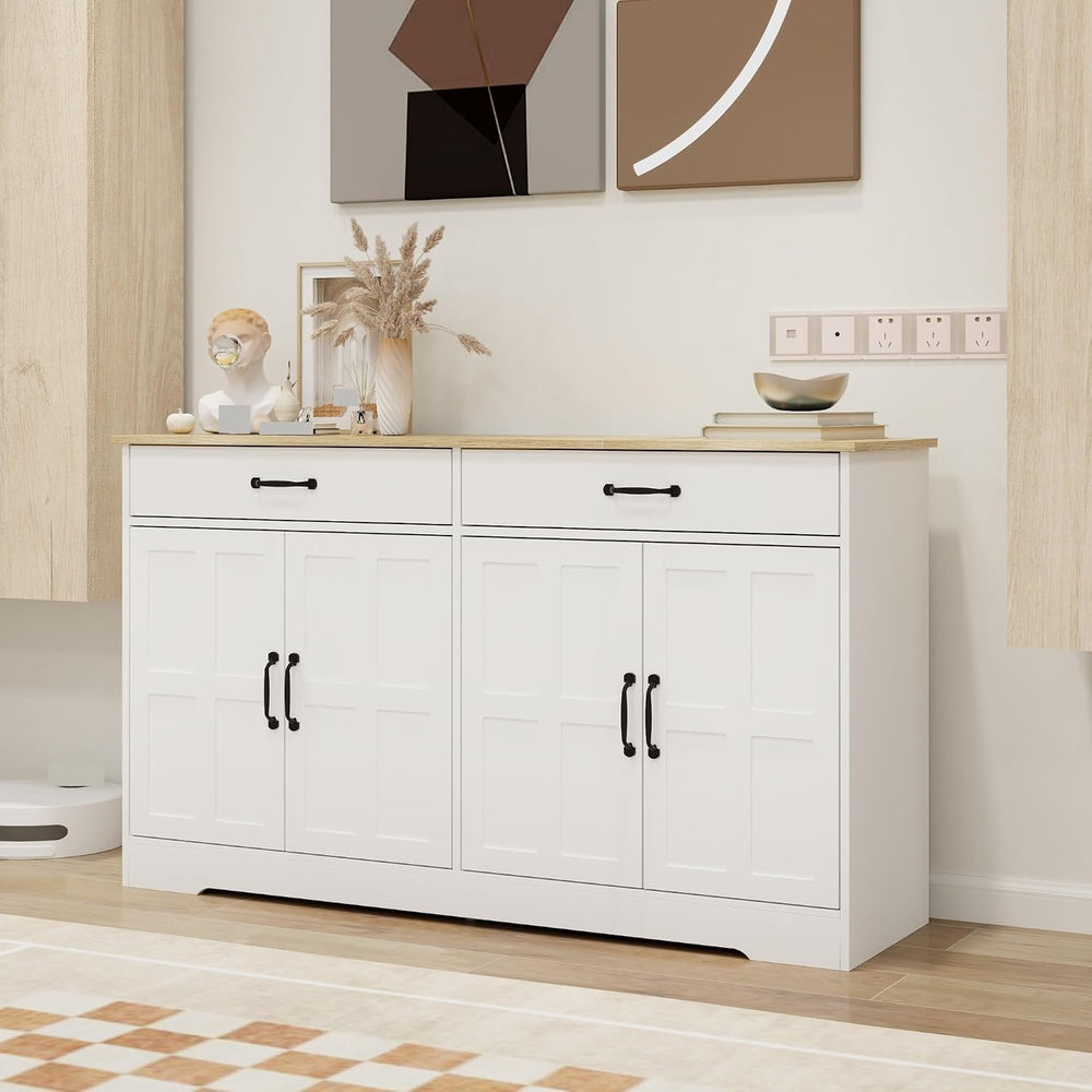 Large Farmhouse Buffet Cabinet Storage Sideboard, with 2 Drawers and 4 Doors,...