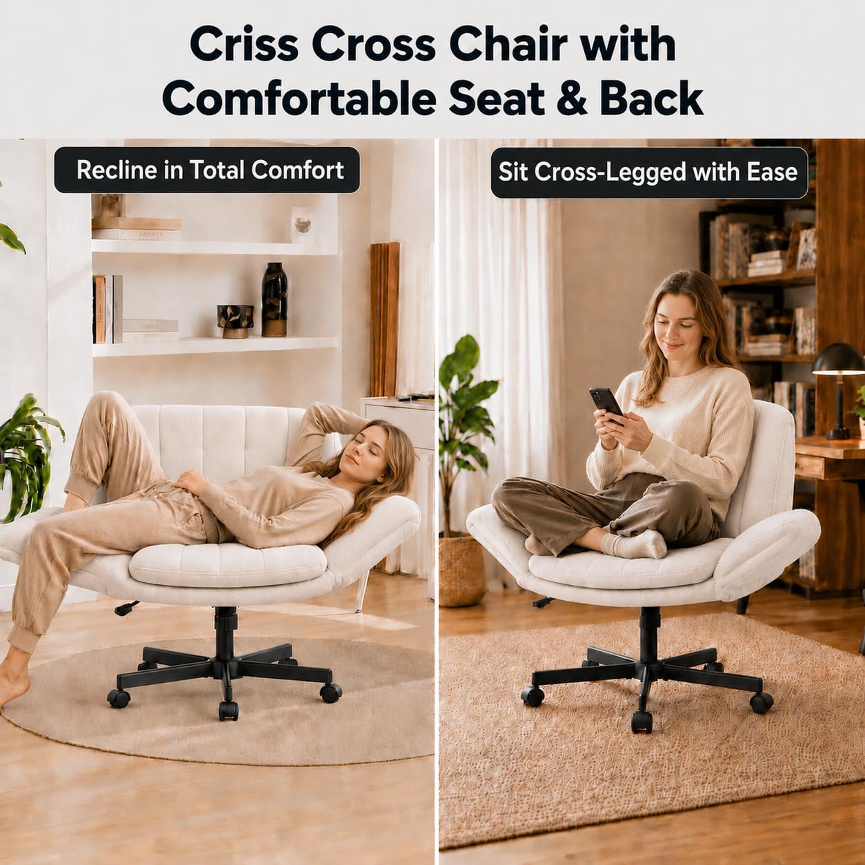 Criss Cross Office Chair with Wheels and Arms, Vanity Chair with Back, Comfy Swivel Cross Legged Office Chairs for Ultimate Comfort and Support, Unique Multifunctional Stylish Arms (Fabric Beige)