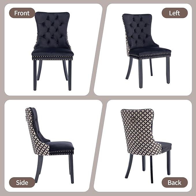 Velvet Dining Chairs Set of 6, High-end Tufted Upholstered Dining Chair with Back Ring Pull, Nailhead Trim and Solid Wood Legs, Modern Dining Room Chairs for Dining Room, Black &Patterned