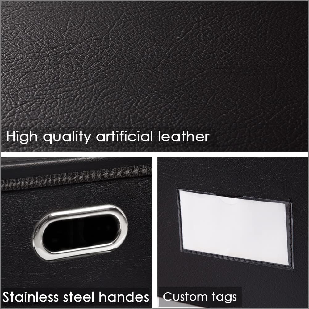 Collapsible Storage Box with Lid [1-Pack] Leather Fabric Foldable Storage Bin Organizer Container Basket Cube with Cover for Home Bedroom Closet Office Nursery Black (22.8X15.7X11.8)