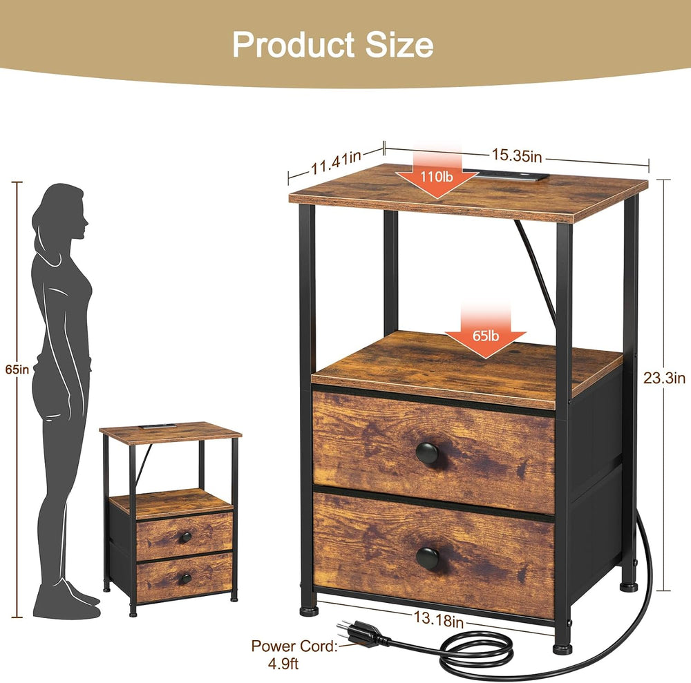 LOAKEKEL Night Stand, Nightstands Set of 2 with Charging Station | Bedside Ta...