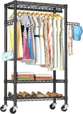 Heavy Duty Clothes Rack Rolling Garment Rack,3 Tier Adjustable Wire Shelving Clothing Racks for Hanging Clothes with Hanger Rod&Side Hooks,Freestanding Wardrobe Storage Rack Metal Portable Closet